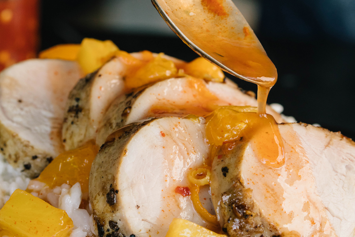 Roasted Pork Tenderloin with Citrus Sweet and Sour Sauce on Ginger Rice