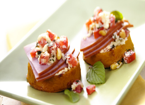 Polenta Crostini with Ham & Wisconsin Asiago