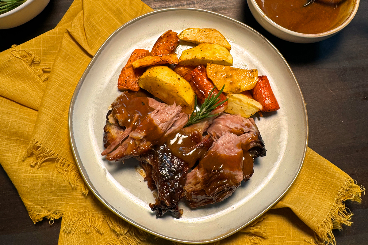 Brown Sugar-Glazed Pork Shoulder with Harvest Produce