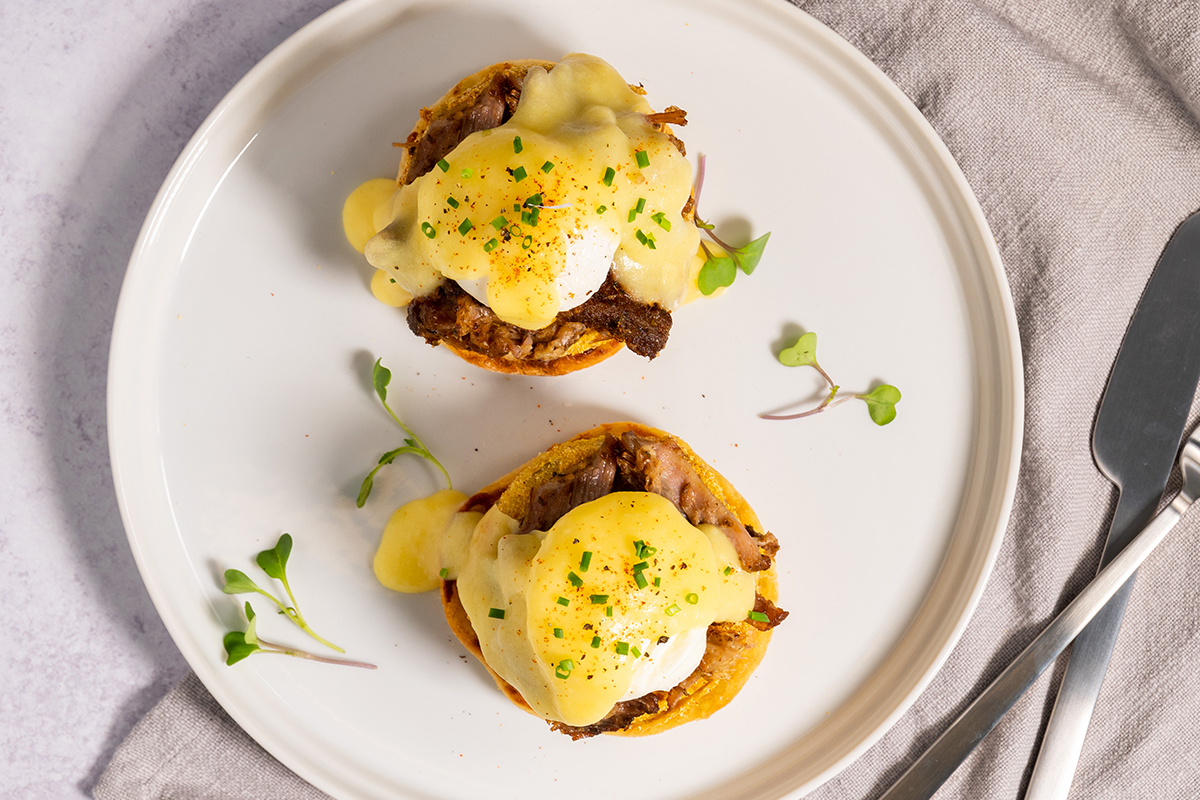 Cochon and Fried Green Tomato Benedict
