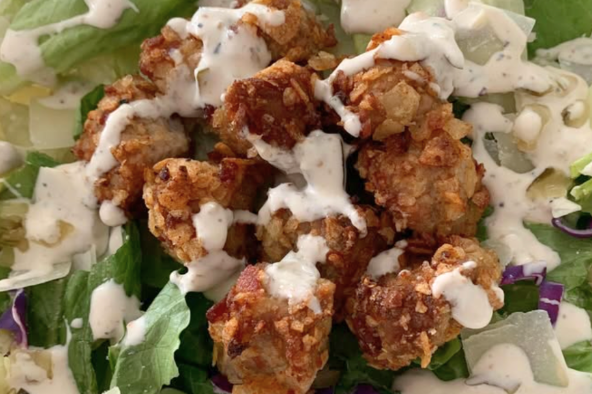 Triple Pickle Caesar Salad with Crispy Pork Croutons