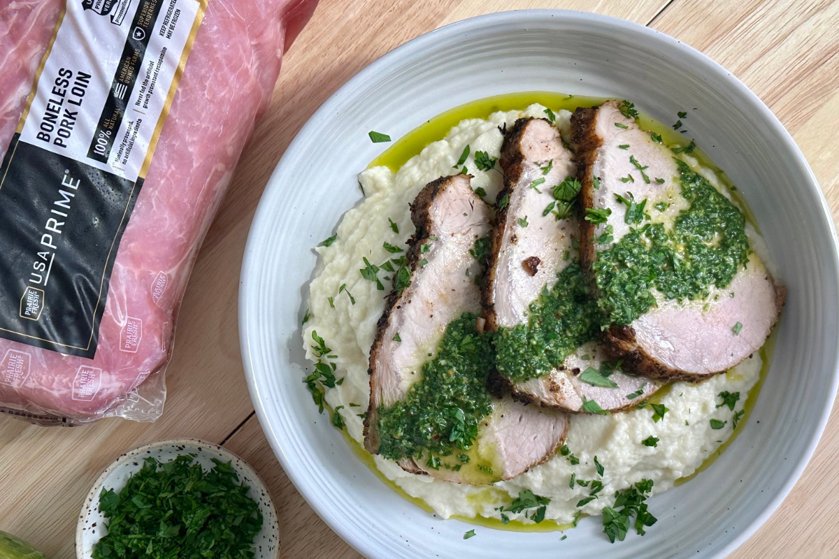 Juicy Pork Loin with Chimichurri Sauce and Cauliflower Mash