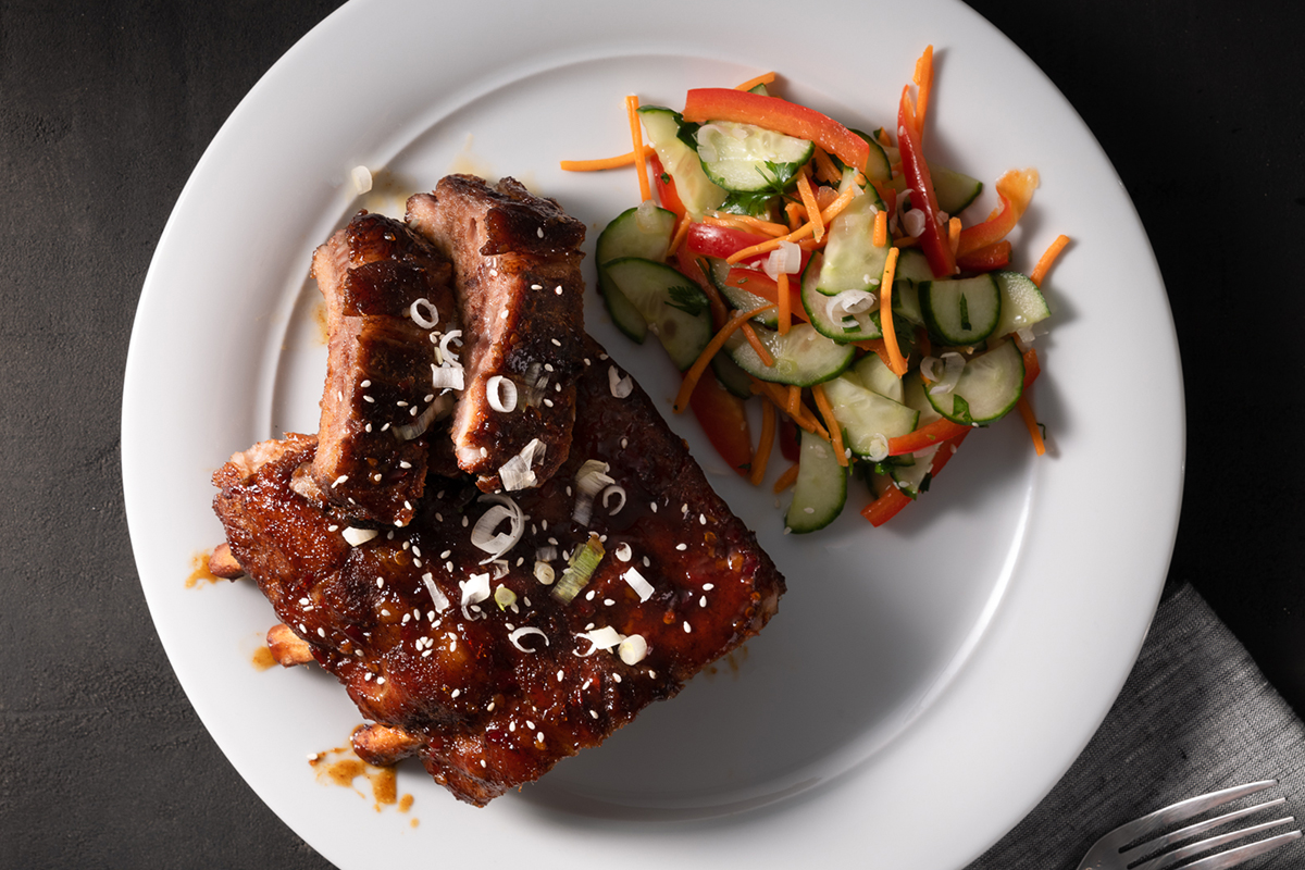 Five Spice Sweet Chili BBQ Ribs with Marinated Cucumber Salad