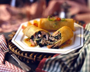 Stir-Fry Ham and Bok Choy Eggrolls with a Sweet & Sour Pineapple-Hot Mustard Dipping Sauce