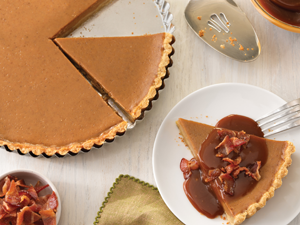 Sweet Potato Tart with Candied Bacon and Caramel Sauce
