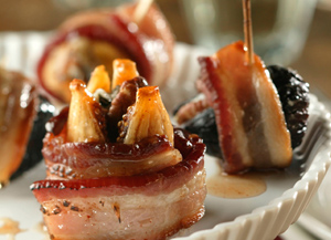 Bacon-Wrapped Figs with Maple Snakebite Glaze and Goat Cheese-Thyme Dip