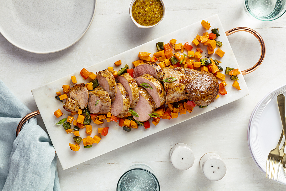 Garlic Dijon Pork Tenderloin with Roasted Sweet Potato and Pepper Jumble