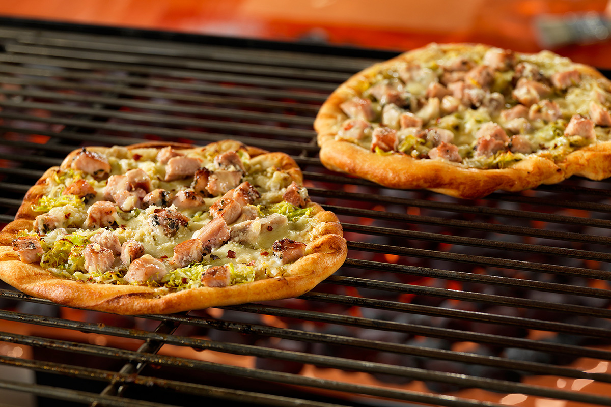 Grilled Pizzas with Herbed Pork and Brussels Sprouts