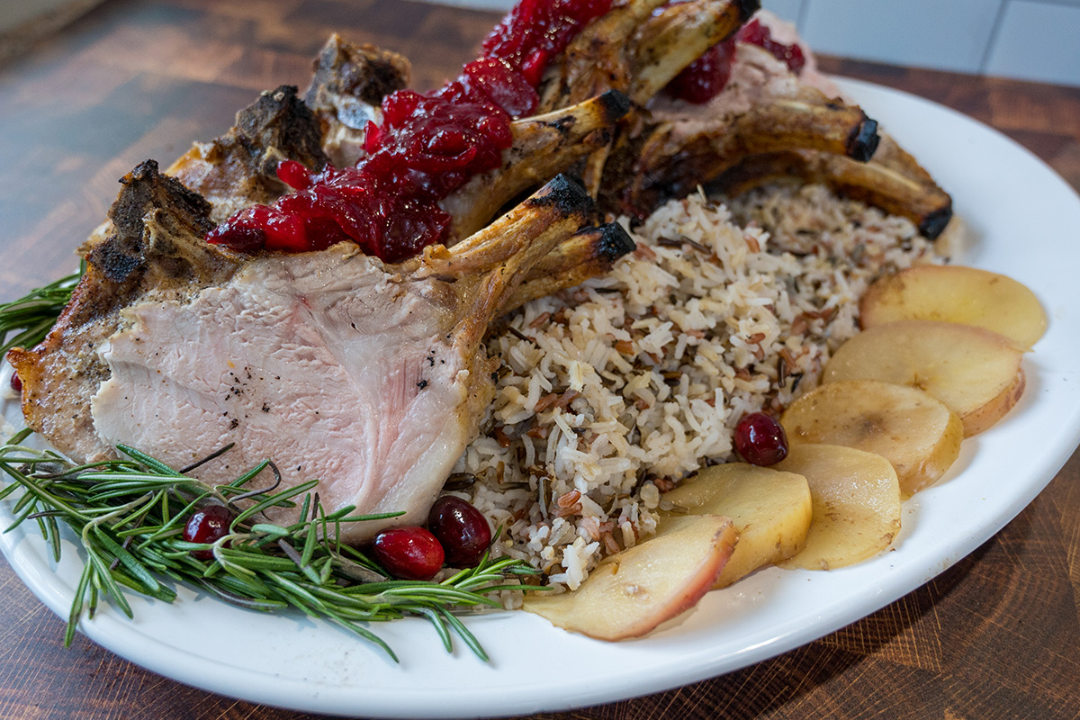 Baked Crispy Bone-In Pork Loin Roast with Apple Cranberry Sauce