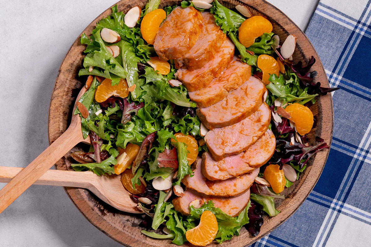 Honey Sriracha Pork Salad with Soy Roasted Almonds and Mandarins