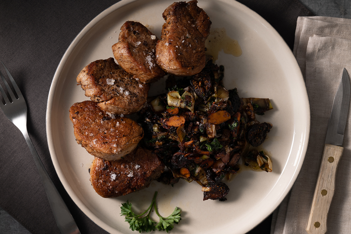 Pork Tenderloin Medallions with Leeks, Almonds, Figs and Bourbon Brown Butter