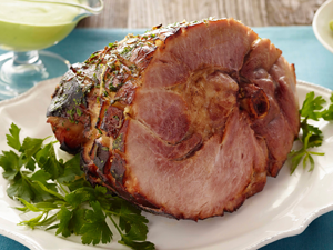 Roasted Ham with Herb Marinade and Creamy Asparagus Sauce